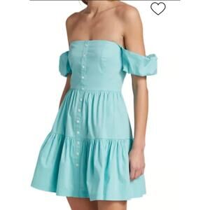 Staud Elio Tiered Mini Dress Women's sz. 6 in Turquoise Off the Shoulders